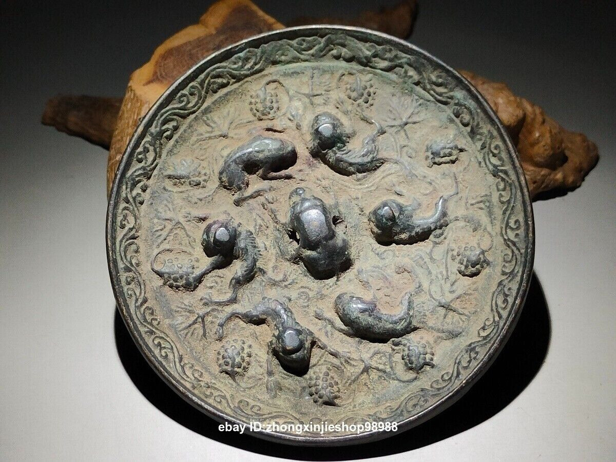 88MM old Chinese Dynasty Palace Sea Dragon beast GRAPE Bronze Mirror Round Shape