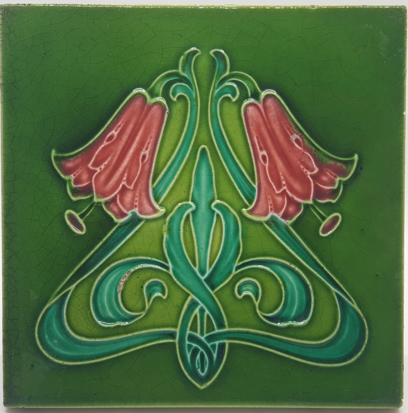 Antique Fireplace Tile Green Floral Majolica Minton Hollins & Co C1909