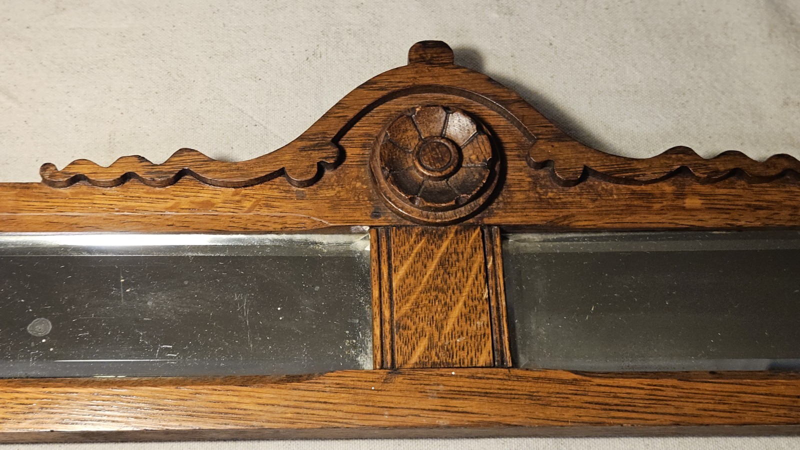 Antique Victorian Carved Oak Furniture Topper Pediment Beveled Glass Mirror
