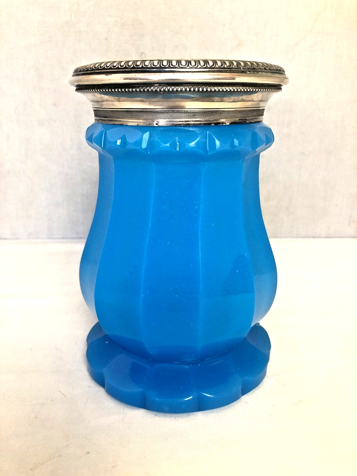 Antique French Blue Opaline Hand Cut Glass Vase with Sterling Silver Rim.