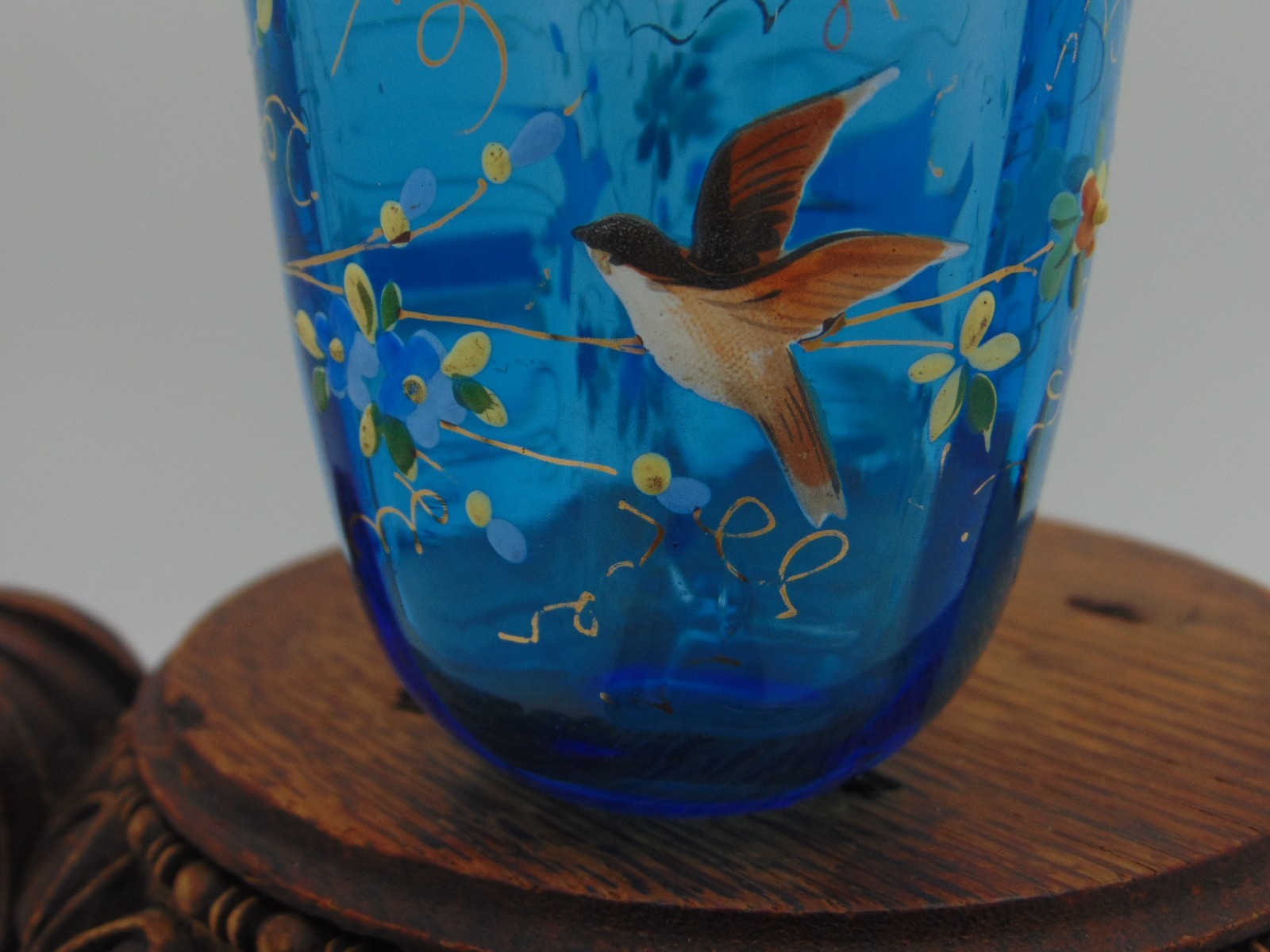 Antique Victorian Blue Topaz Hand Painted Floral Birds Art Glass Creamer Beaker
