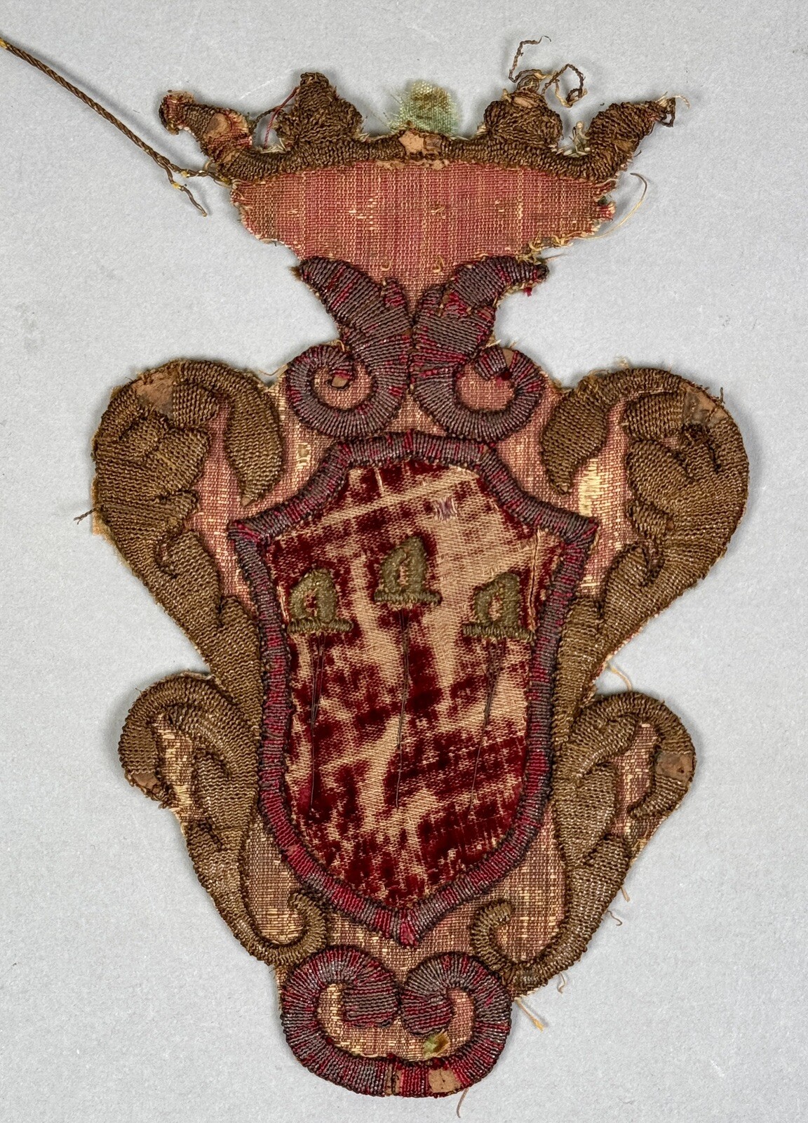 Antique Italian Baroque Embroidery Coat of Arms Armorial Heraldry Crest 17th C.