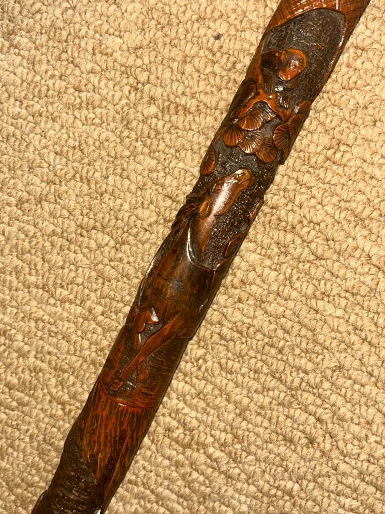 Antique Asian Oriental All Carved Bamboo Walking Stick Cane – Root Ball Top