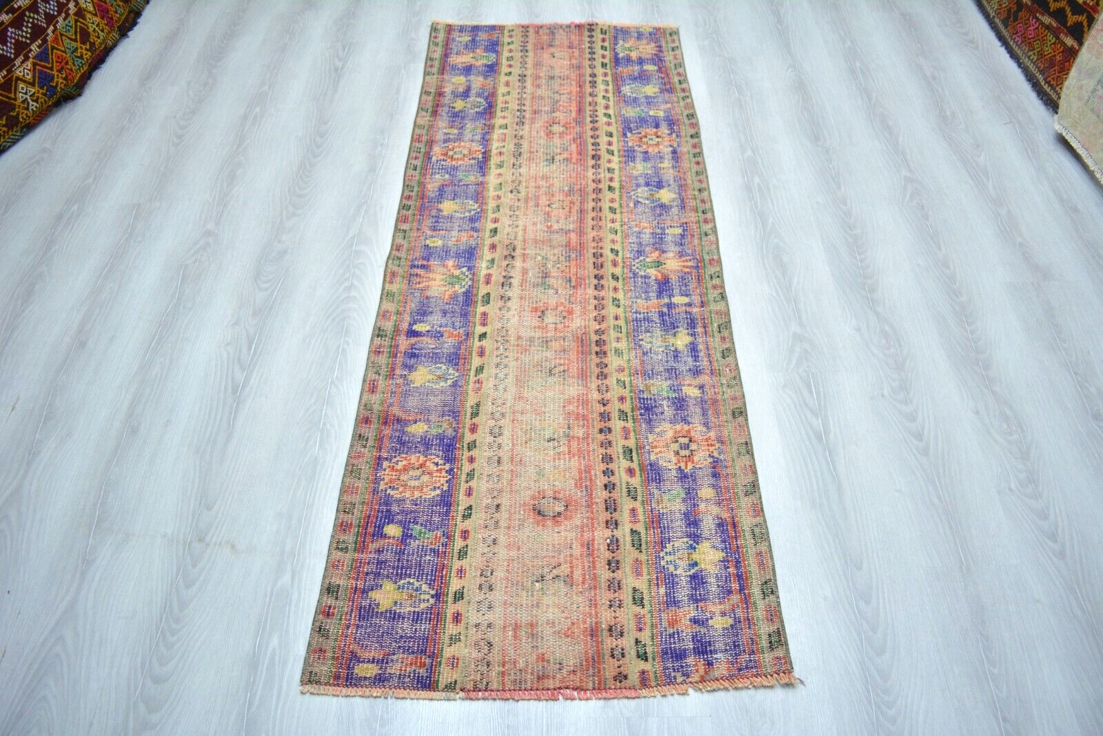 Antique Blue Floral Handmade Runner, 2.5×6.7ft, Blue Faded Entryway Runner Rug,