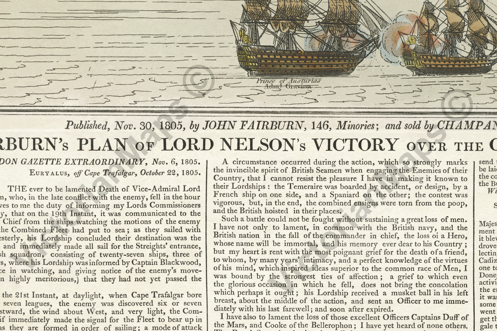 map broadside print Fairburn’s plan of Trafalgar Battle, Nelson 1805 art poster