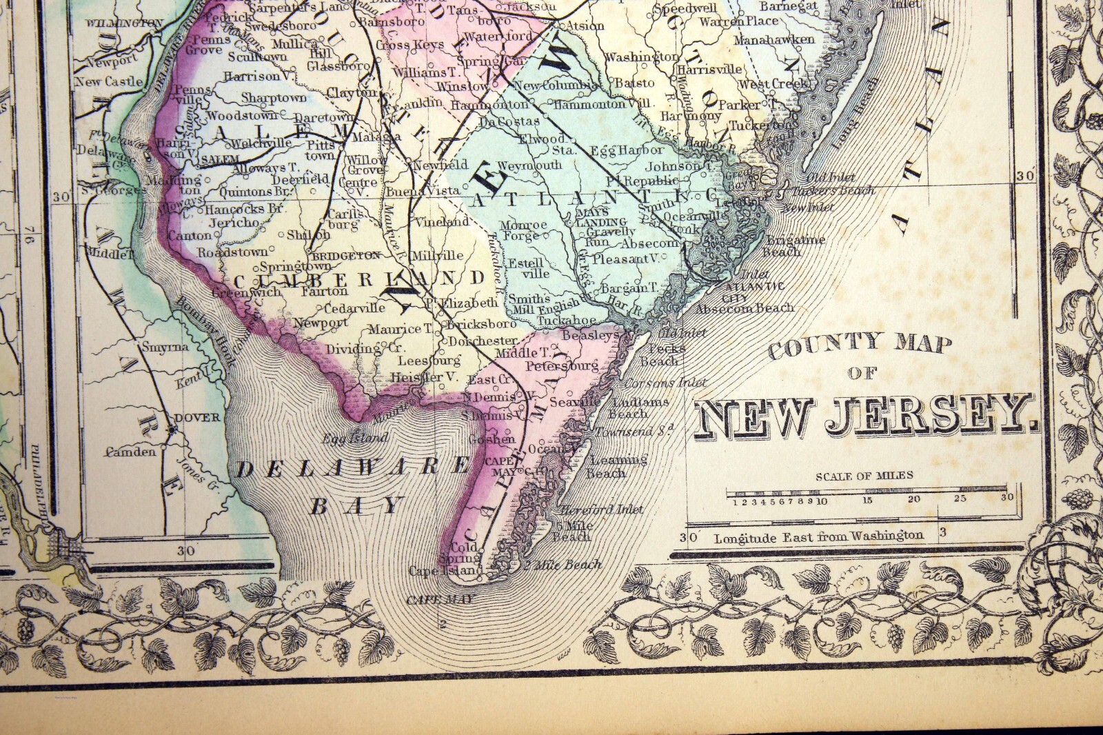 Antique 1870 Color Map New Jersey Maryland Delaware County Maps Mitchell