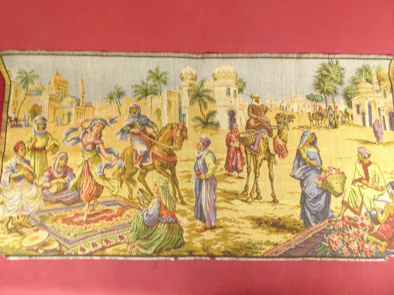 Vintage Antique Belgian Tapestry 18th Century Market NICE COLOR 20×39″