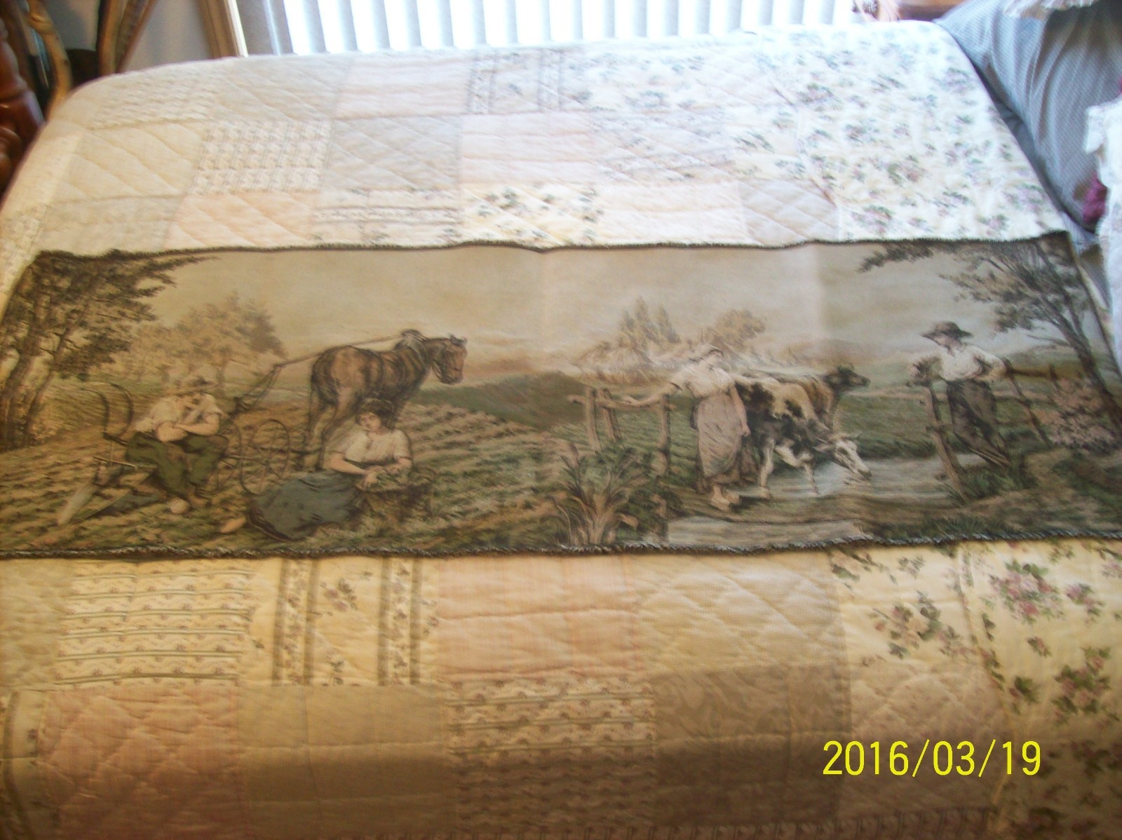 Tapestry Wall Hanging Antique Machine Woven Dutch Farm Couples 5’5″ x 1’9″