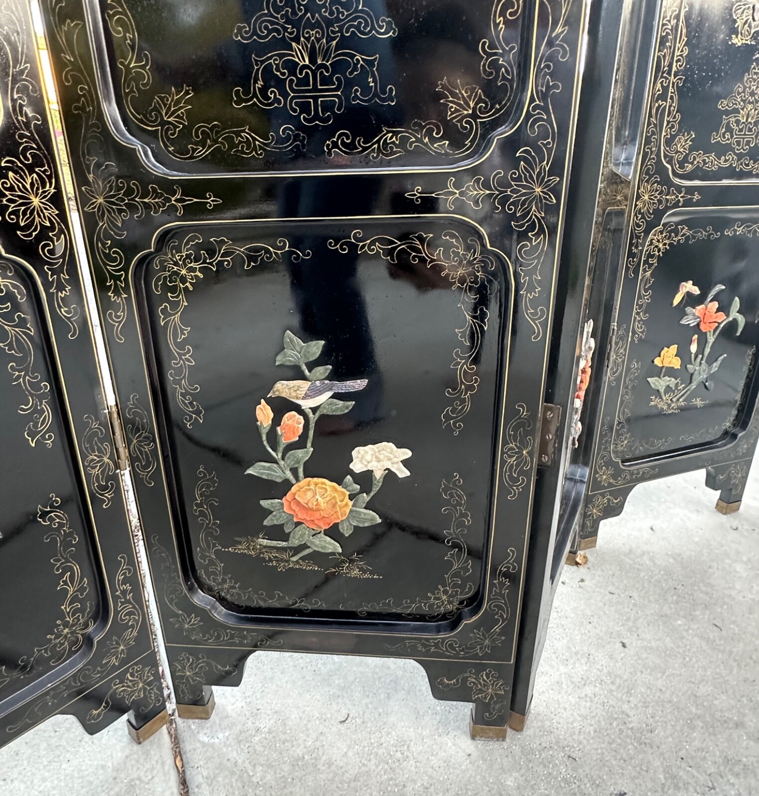 Large Six-Panel Chinese Hardstone & Lacquer Folding Screen Chinese, Early 20 C
