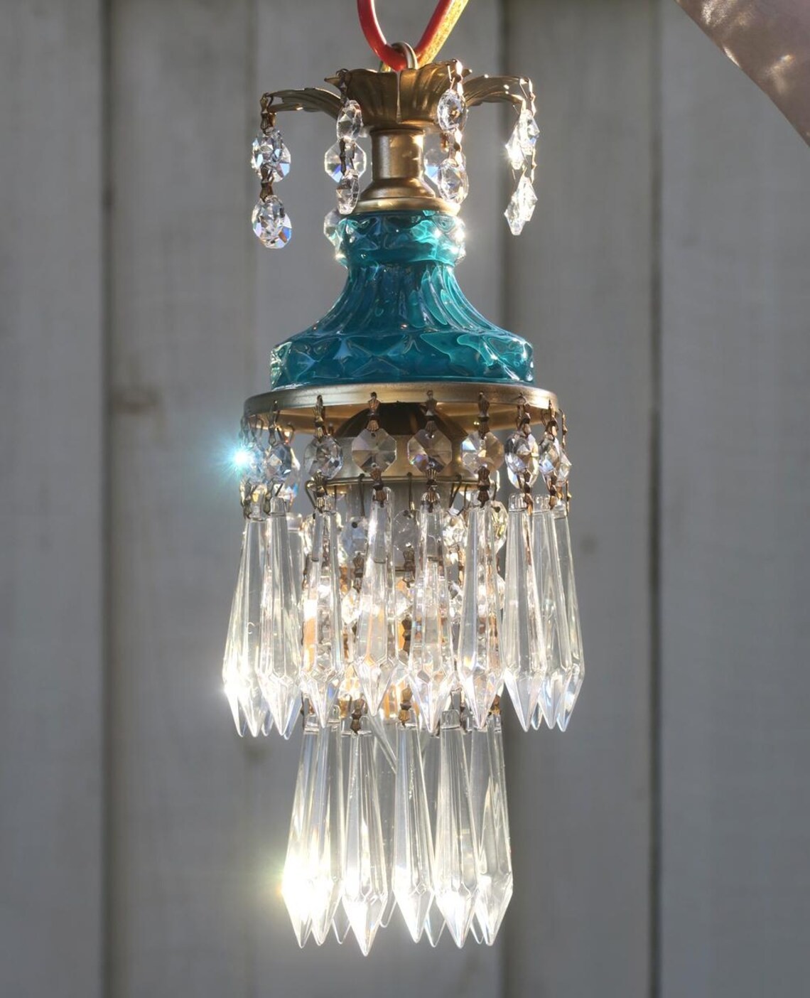 Vintage chandelier Teal Blue Swag Pendant Lamp Crystal Prisms Brass Hanging