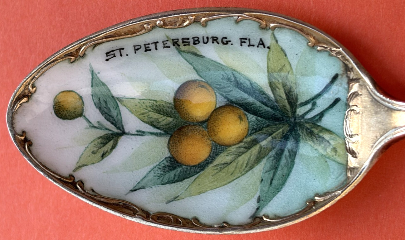 STUNNING ENAMEL ORANGES ST. PETERSBURG FLORIDA STERLING SILVER SOUVENIR SPOON