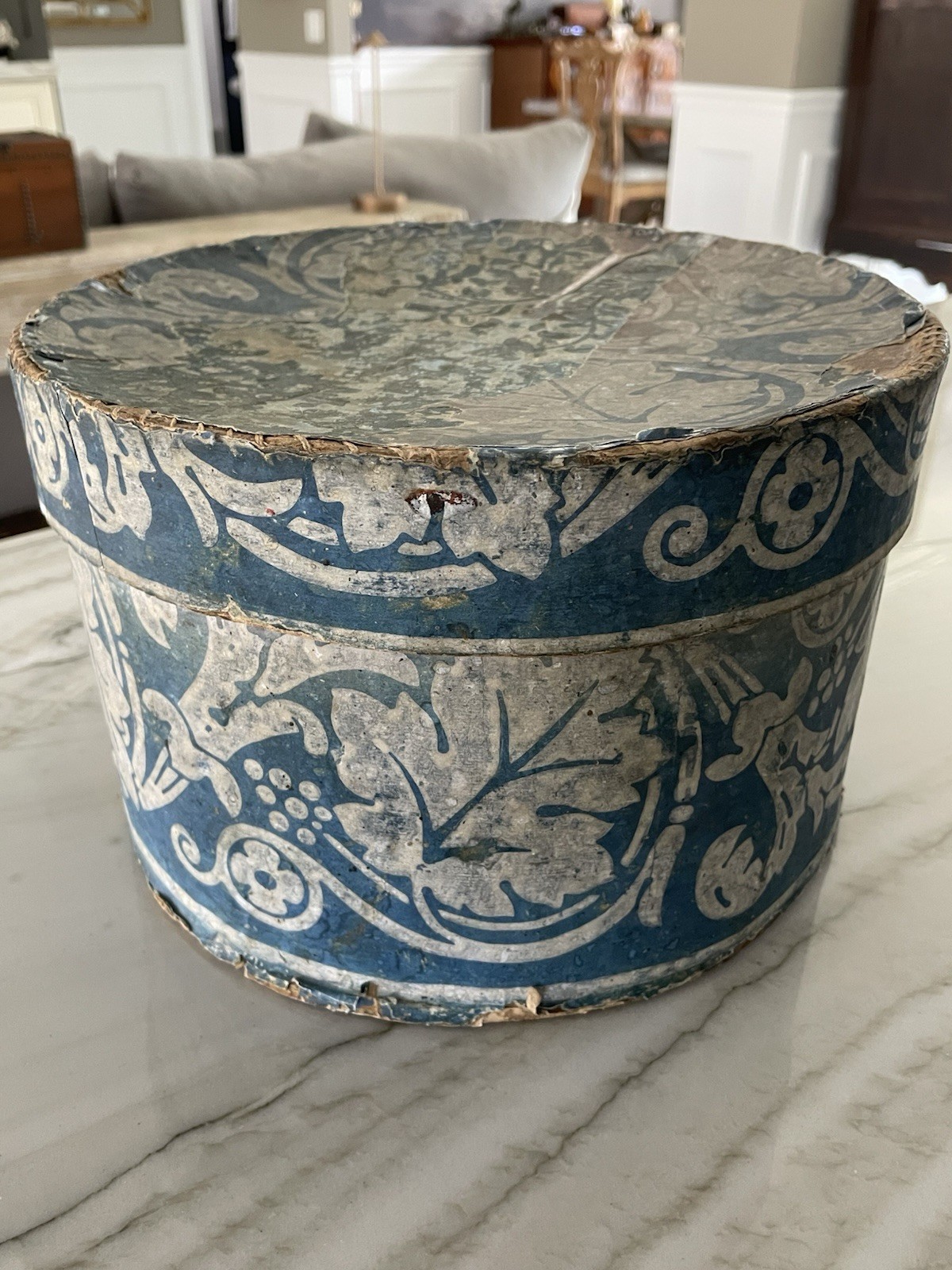 Rare Blue Early 19thC. Handmade Antique Amer. Wallpaper Bonnet/Hatbox Dated 1842