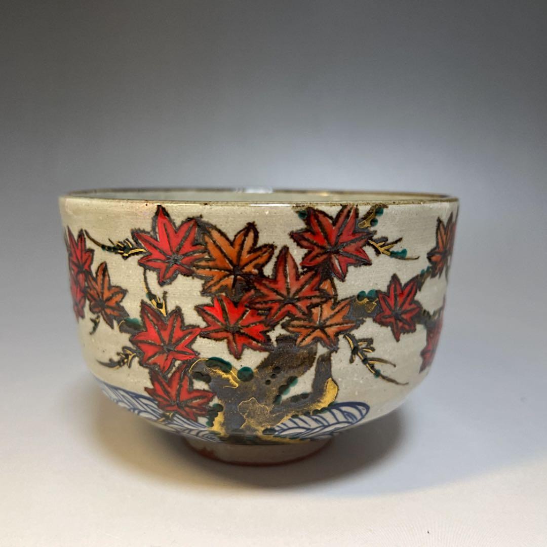 Awata Ware Tatsutagawa Matcha Tea Bowl Okada Kazan Japanese Pottery multicolor
