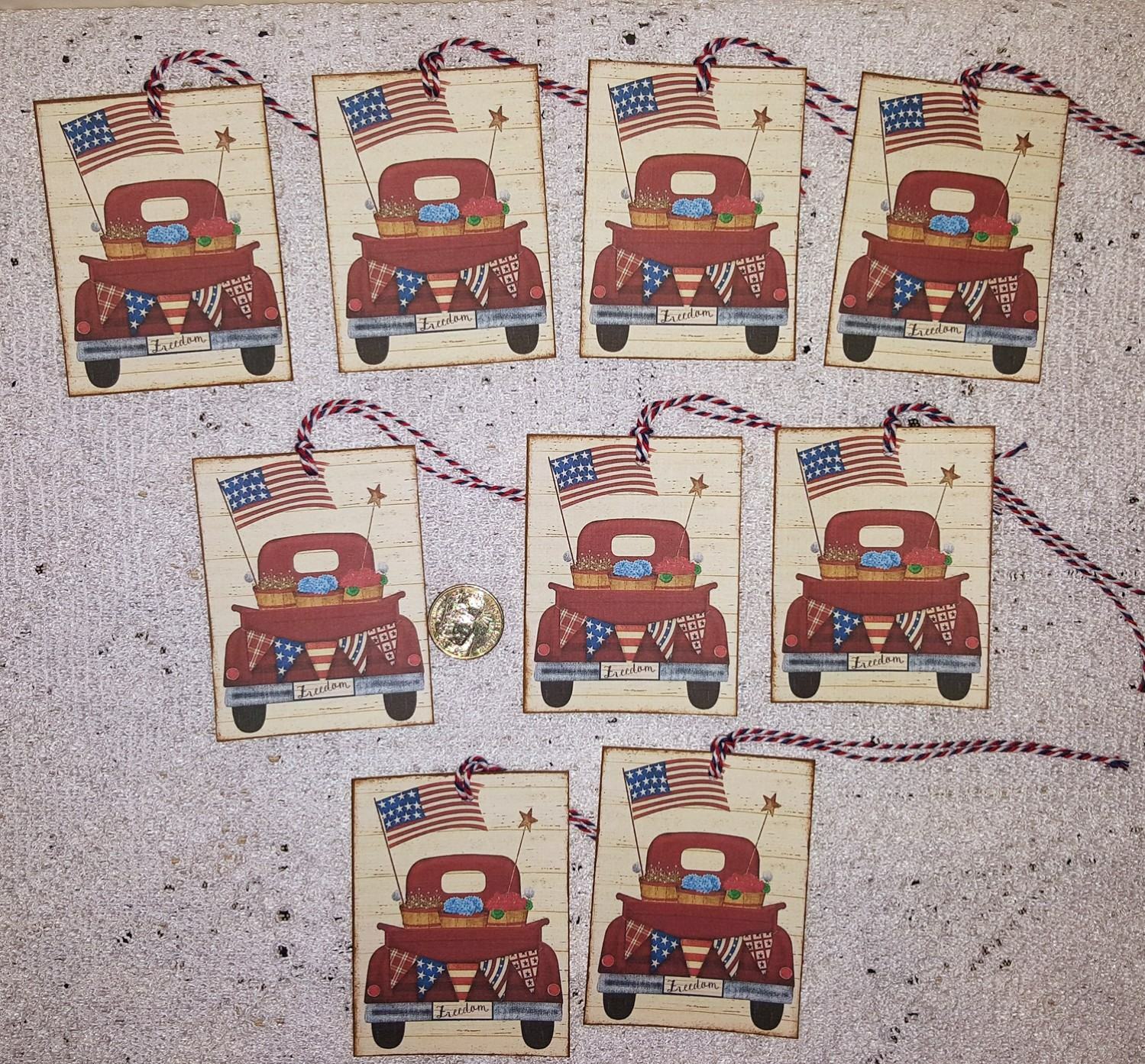 9~Primitive~4th Of July~Patriotic~Red Truck~Linen Cardstock~Gift~Hang~Tags~Ornie