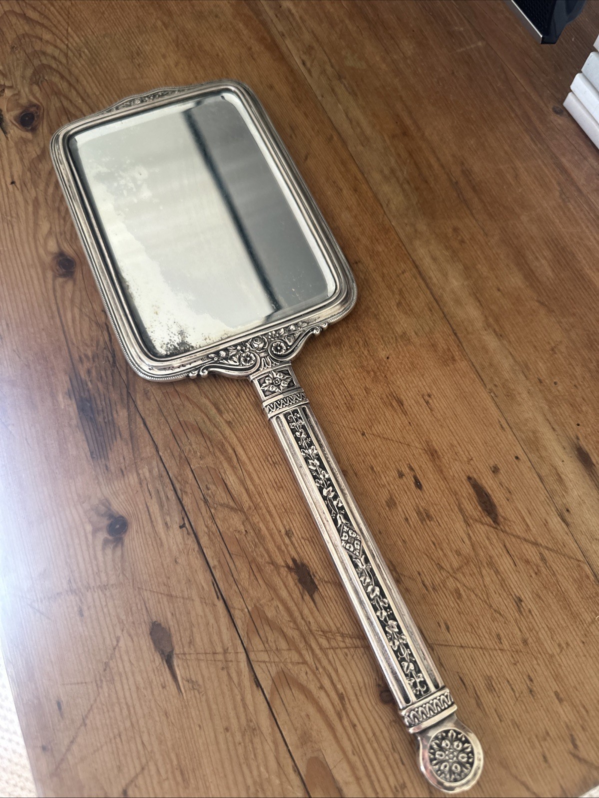 Large Circa 1920 Deco Sterling Silver (13.8 OZ.) Long Handle Mirror 13 Inch