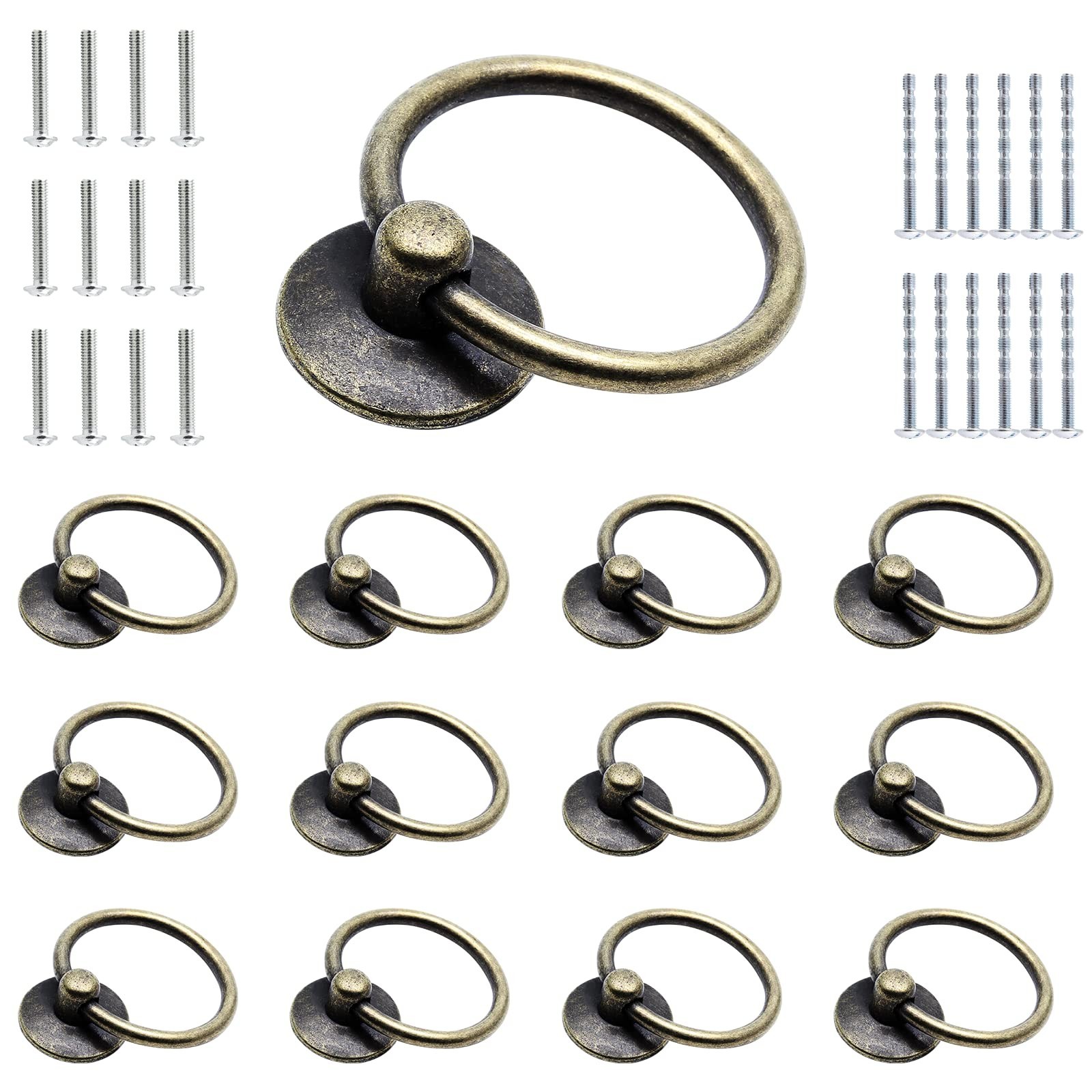 12 Pcs Antique Round Ring Drawer Pulls, Bronze Vintage Cabinet Drop Ring Knob…