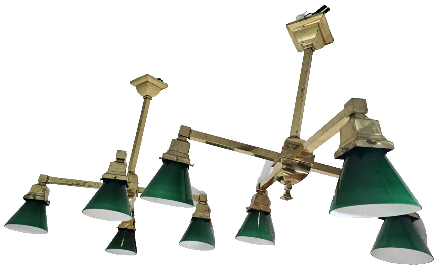 ANTIQUE MISSION CHANDELIERS 4 ARMS BRASS EMERALD GREEN SHADES ELECTRIC LIGHT