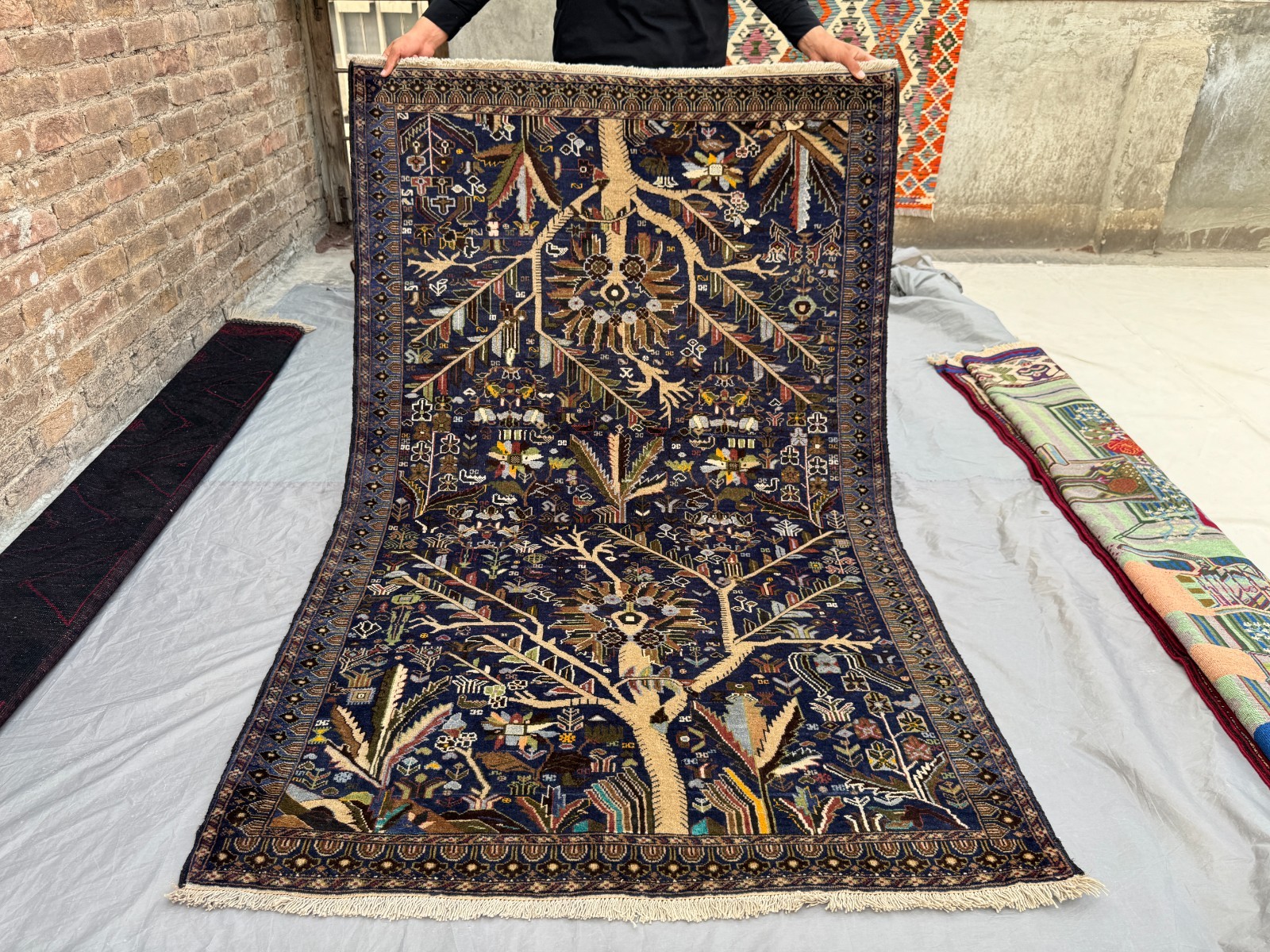 4’1 x 6’3 Vintage Afghan Hand-Knotted Wool Rug Tree of Life Pictorial Area Rug