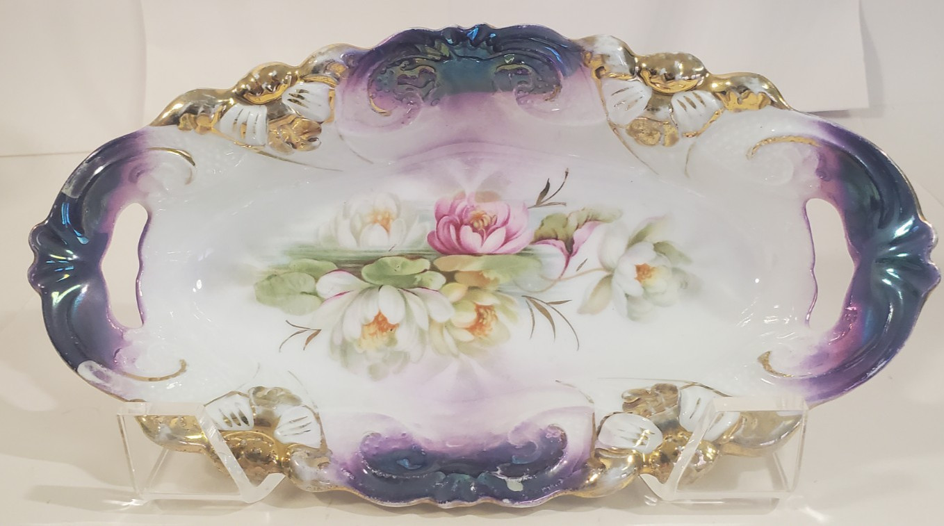 Antique RS Prussia Porcelain Relish Dish Blue Pink Iridescent Gold Water Lily