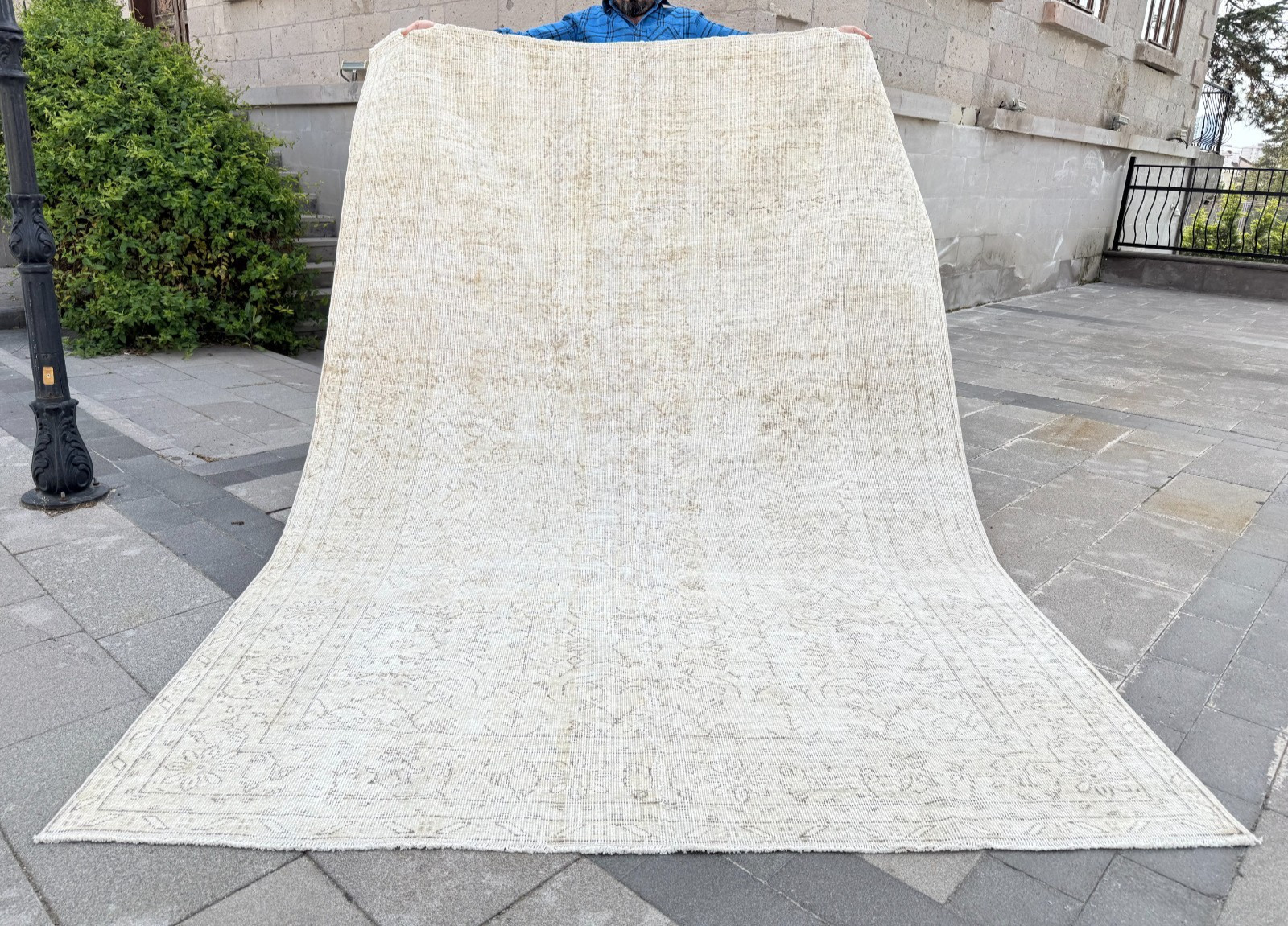 Vintage Turkish Oushak Rug 6.4×9.5 Ft Handmade Distressed Beige Wool Carpet