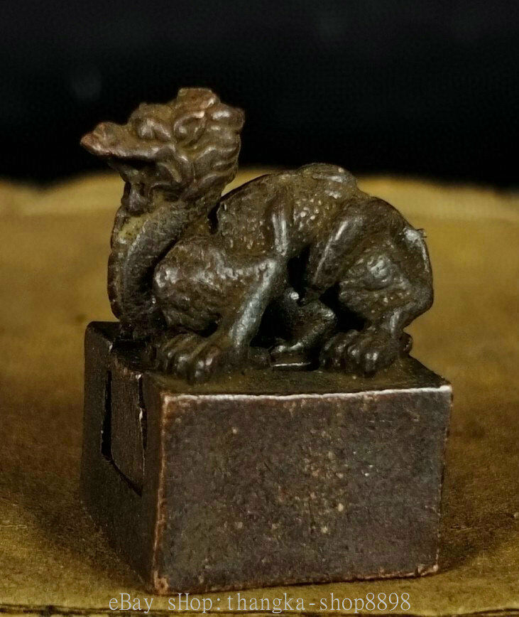 2″ Old Chinese Red Bronze Gilt Four Animal God Beast Seal Stamp Statue Set