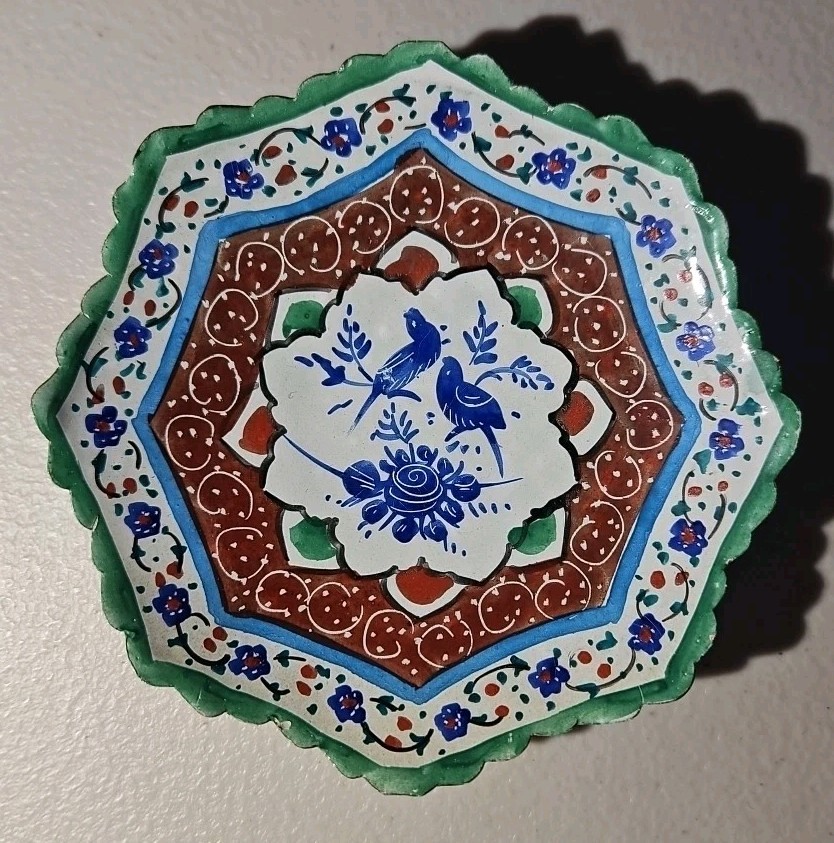 Decorative Copper Plate Hand-Painted with Persian Minakari Enamel Bird Details
