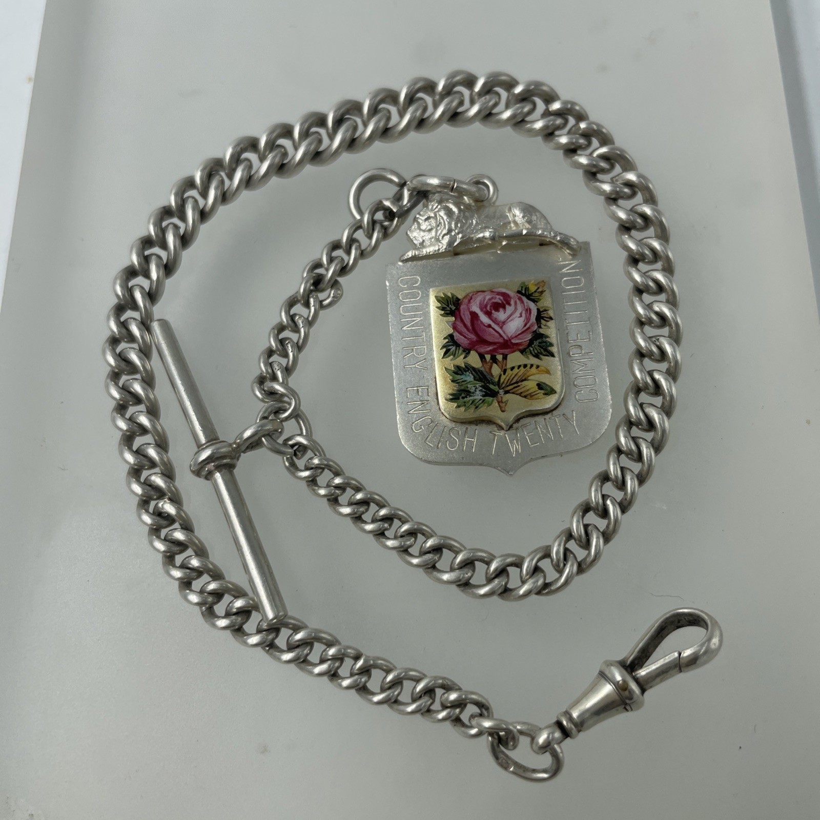 Silver Watch Fob Chain Rare English Twenty Shooting Medal T Bar Birmingham 1929
