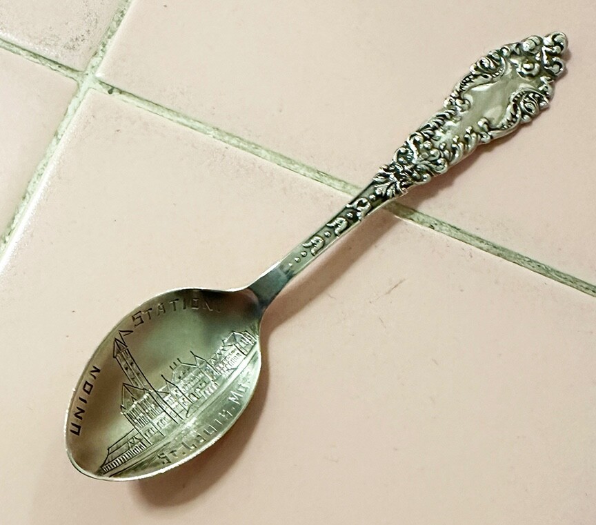 Antique Sterling Silver Souvenir Spoon Union Station St. Louis MO Railroad Train