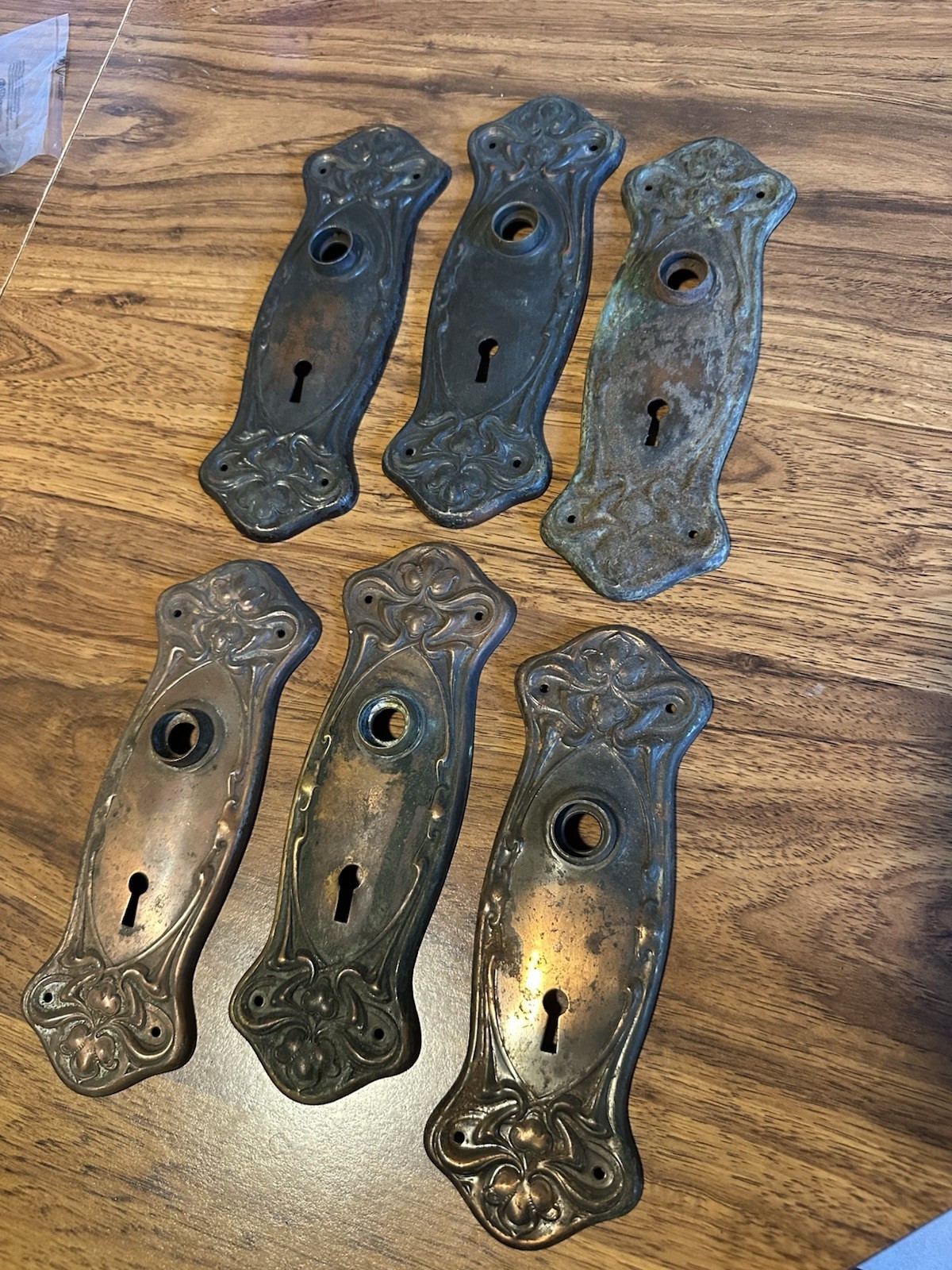 Set Of 6 Antique Art Nouvelle Door Plates Wrought Steel 1910, 8.5in Tall