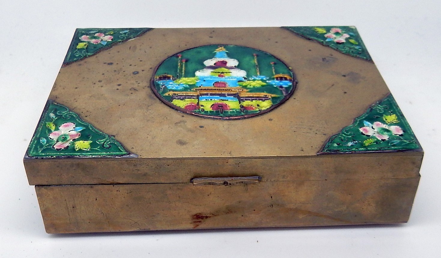 Antique / Vintage Chinese Repousse Enamel Brass Cigarette Box