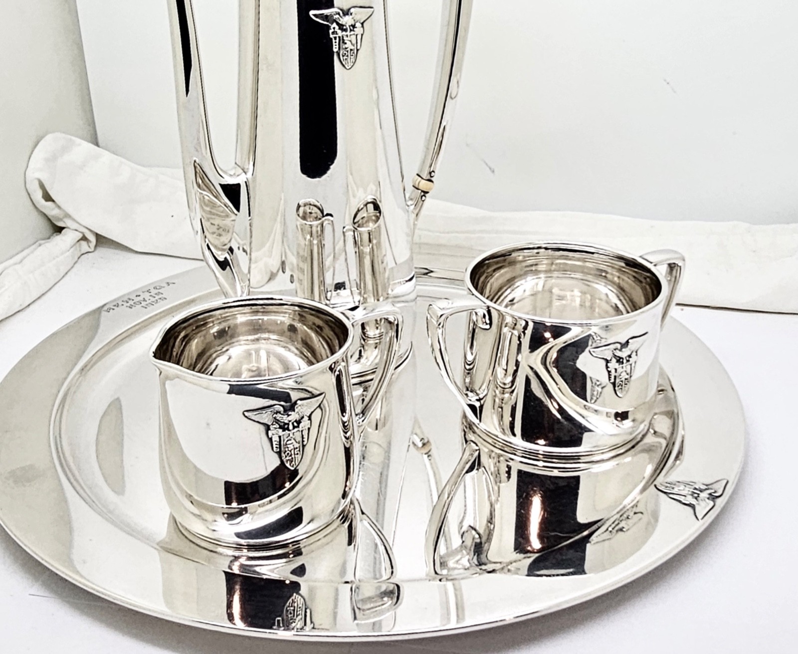 1925 TIFFANY USMA WEST POINT CRESTED STERLING SILVER 4 PCE DEMITASSE TEA SERVICE