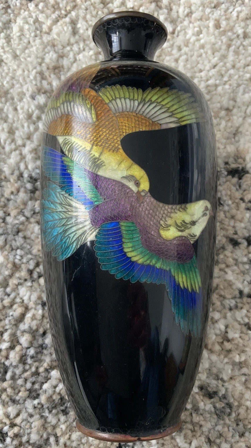 ANTIQUE JAPANESE CLOISONNE VASE TWO ENAMEL BIRDS DESIGN Meiji Early 20th Century