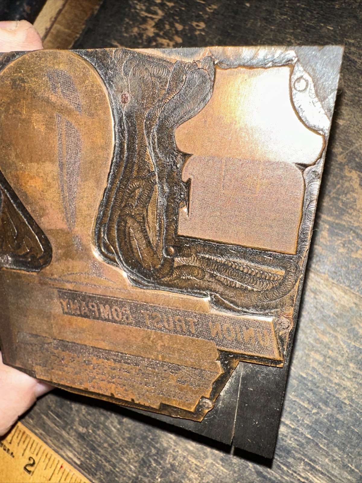 Printing Block “ Rubber Stamp Image “ Copper on Wood. Nice Details