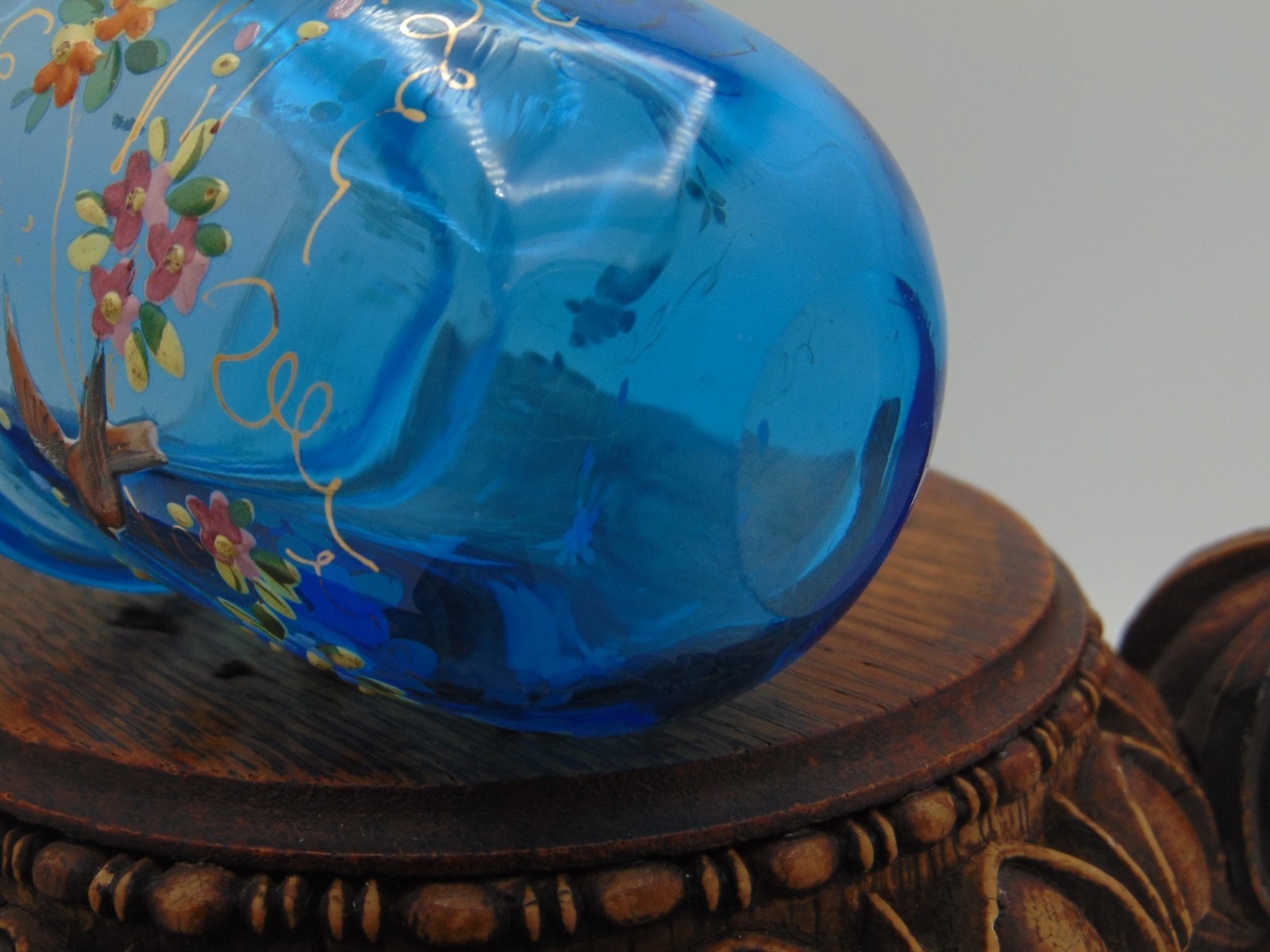 Antique Victorian Blue Topaz Hand Painted Floral Birds Art Glass Creamer Beaker