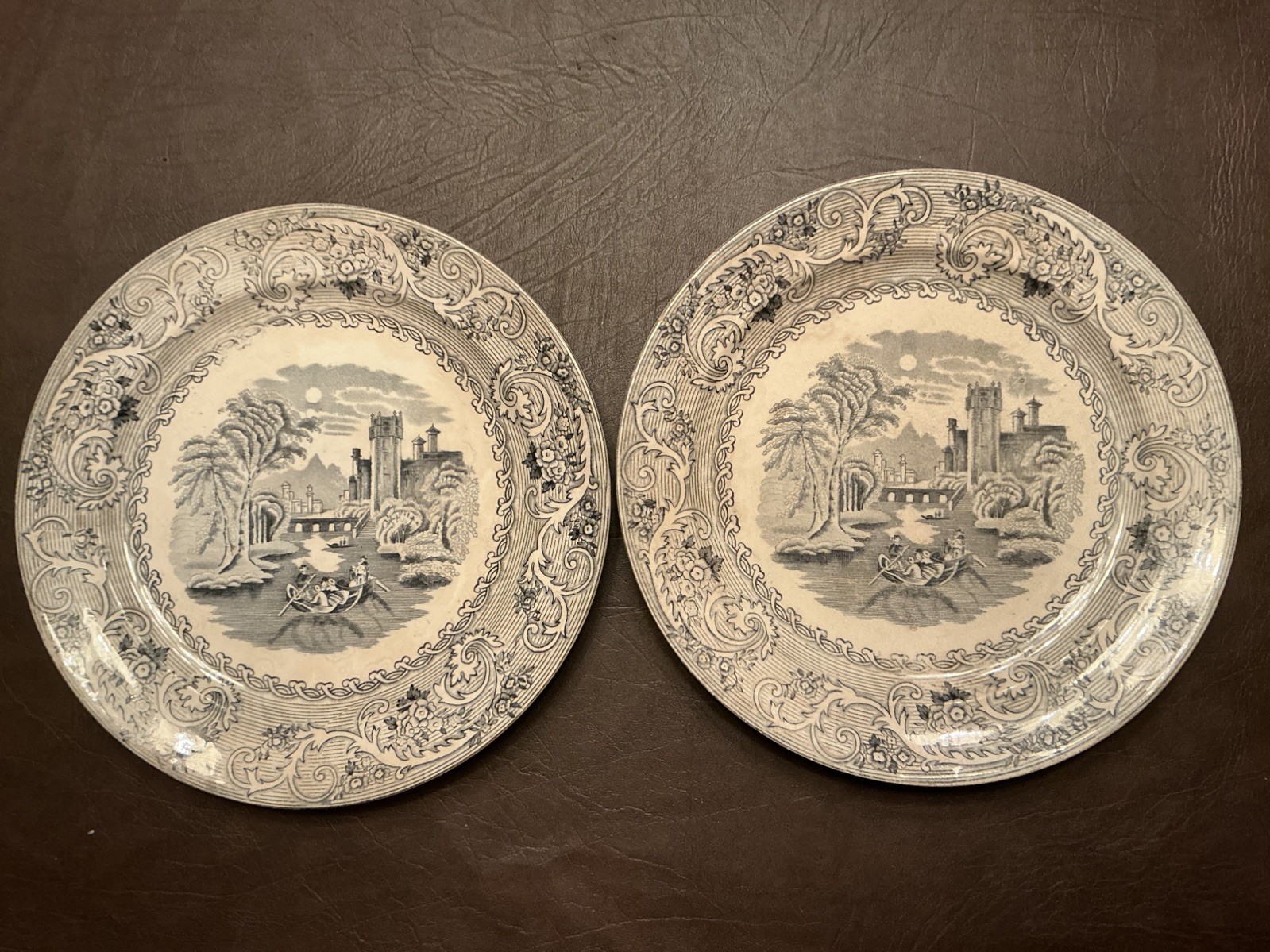 2 each Antique ‘Rhine’ Pattern 19th Century English Blue And White Plate 25cm