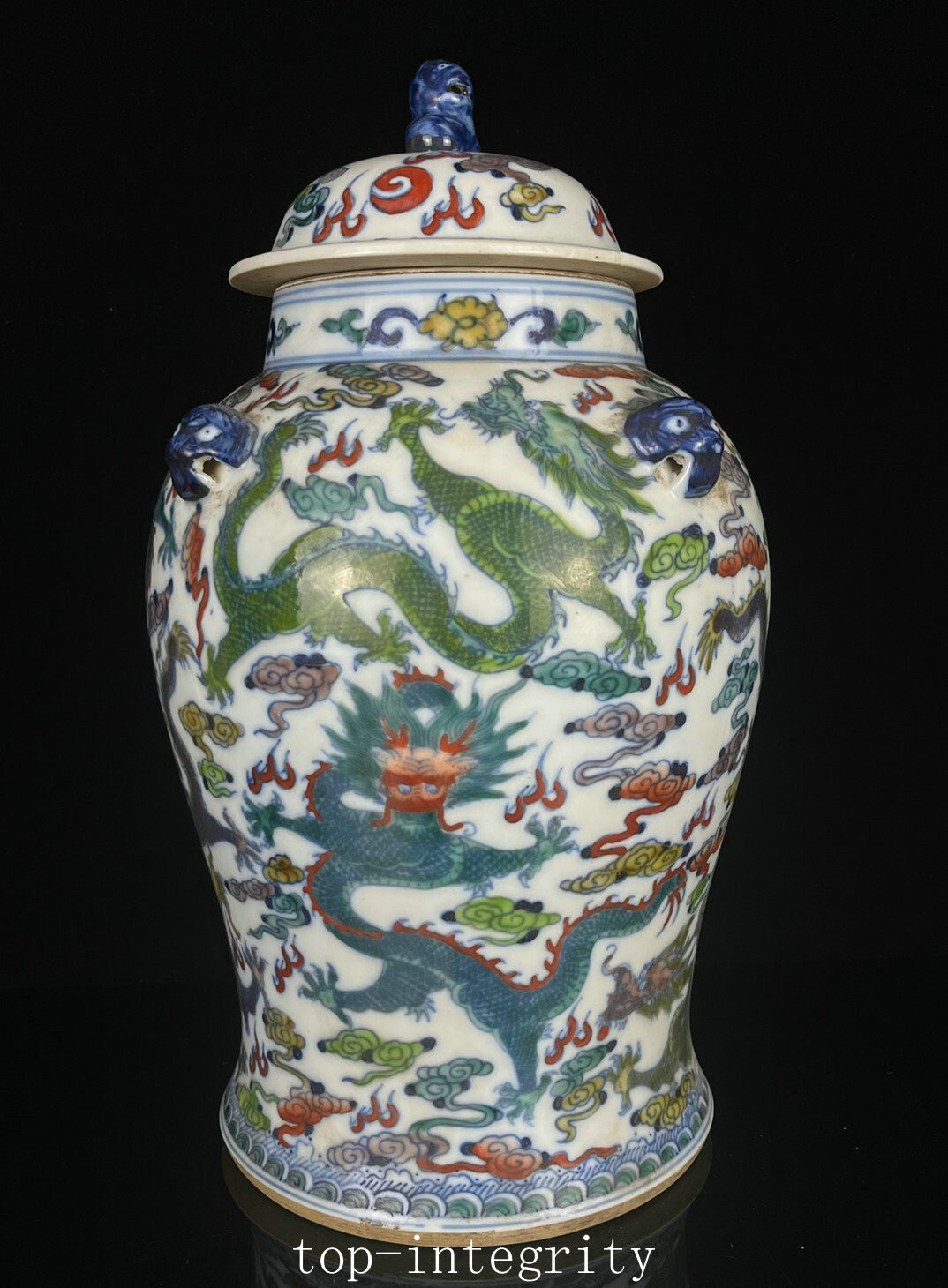 15.7″ Kangxi Wu Cai Porcelain Fengshui Dragon Beast Animal Head Crock Pot Jar