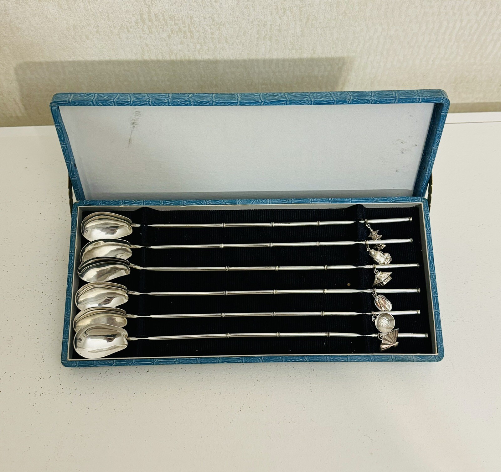 Vintage 950 Sterling Silver 6 Japan Iced Tea Straws, Cocktail Spoons In Box