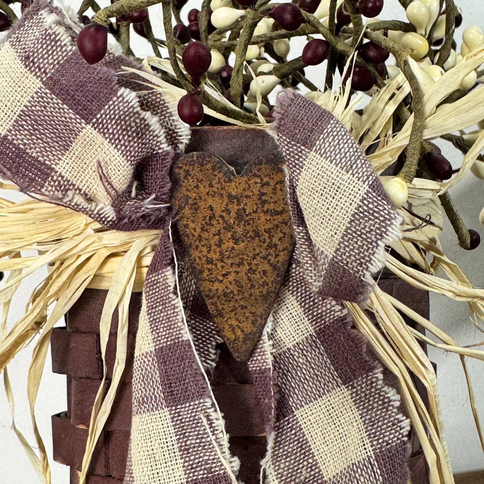 Primitive Decor Dark Red Basket with Berries Rusted Heart