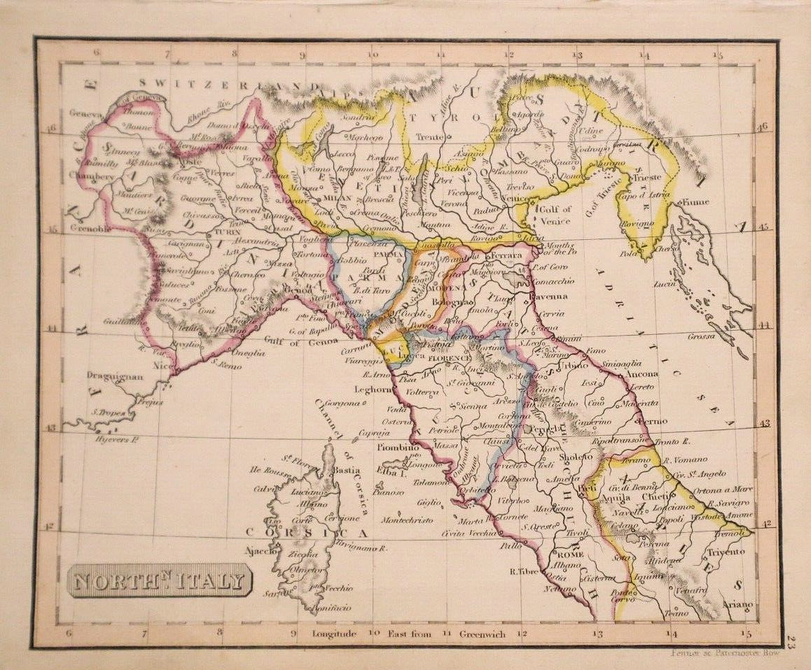 1828 Map ~ NORTH ITALY ~ Engraved & Printed by Rest Fenner ~ (Small-5×6)-#22