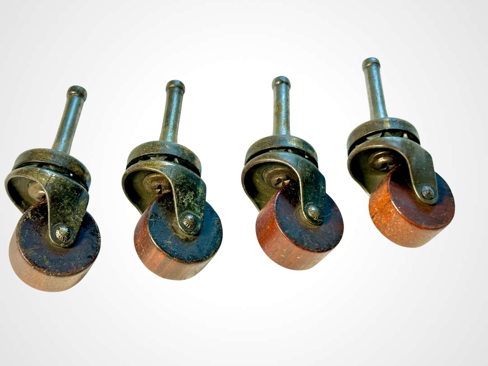Matched Set 4 Antique Brass & Hardwood Furniture Casters Victorian Restoration