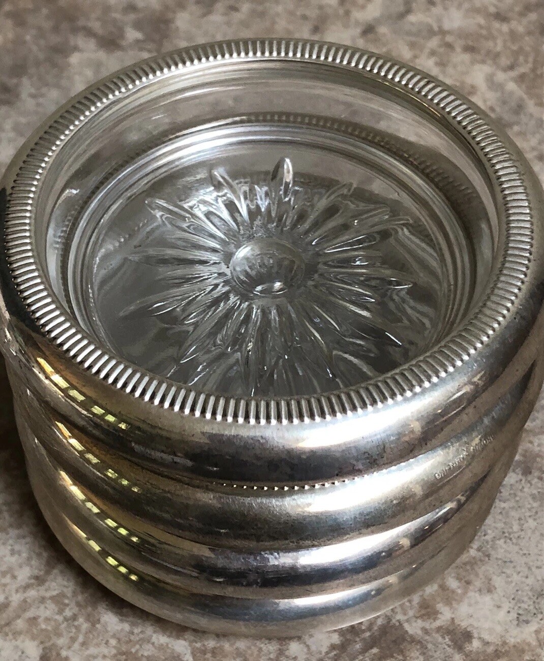 Set of 4 Vintage Silver and Cut Glass Coasters Sun Burst Pattern