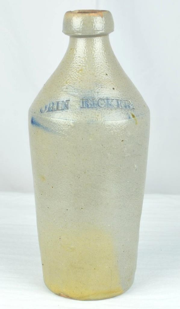 ANTIQUE 19TH C. SALT GLAZE STONEWARE BOTTLE – SIGNED ORIN RICKER – 9 7/8″ TALL