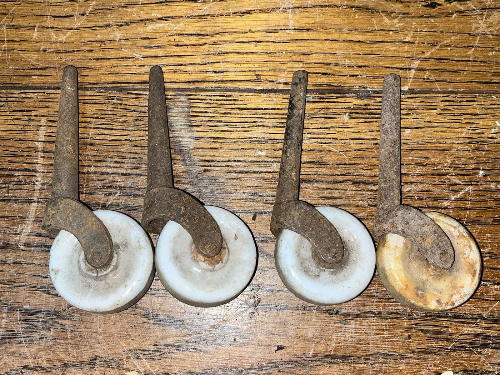 Set of 4 Antique Vtg Porcelain Caster Wheels Furniture Dresser. Washtub