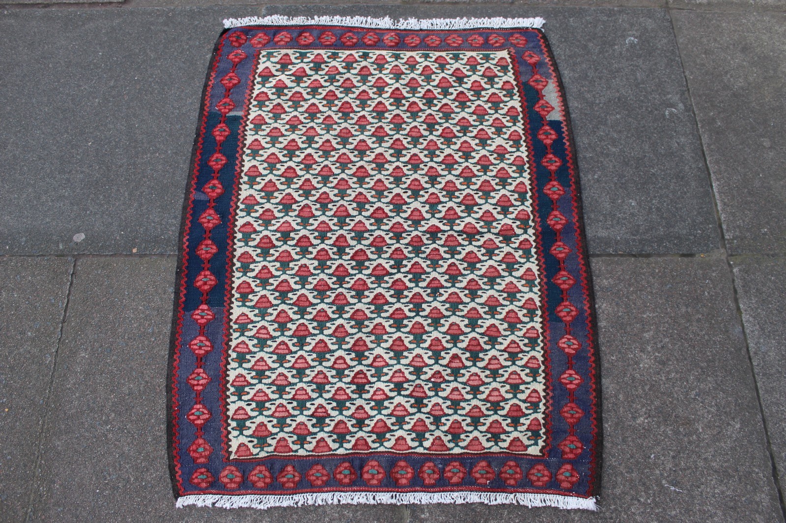 Fine Vintage Traditional Hand Made Oriental Wool Blue White Small Kilim 90x72cm