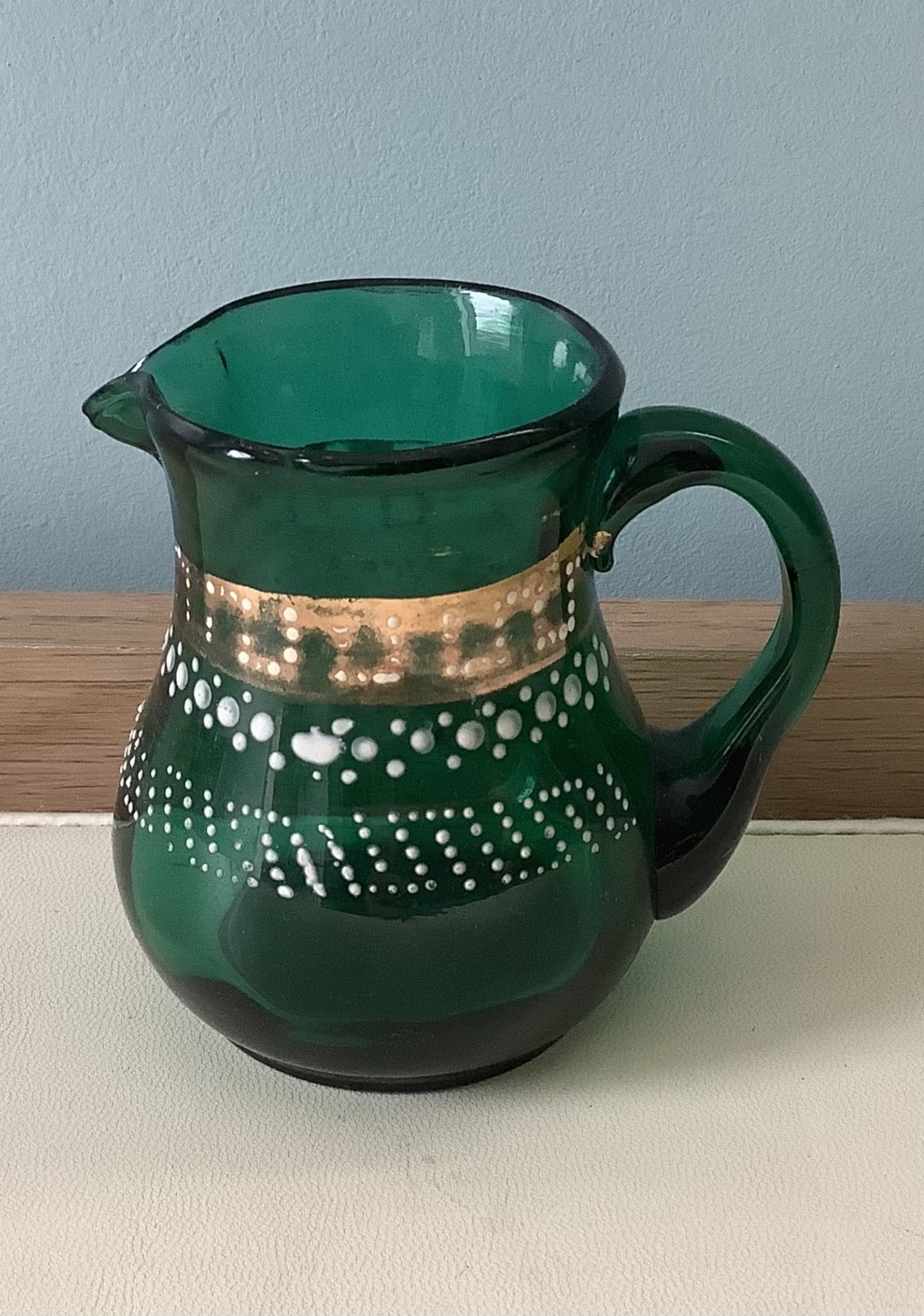 Antique Victorian Hand Blown green and Enamel glass creamer cream jug 7cm