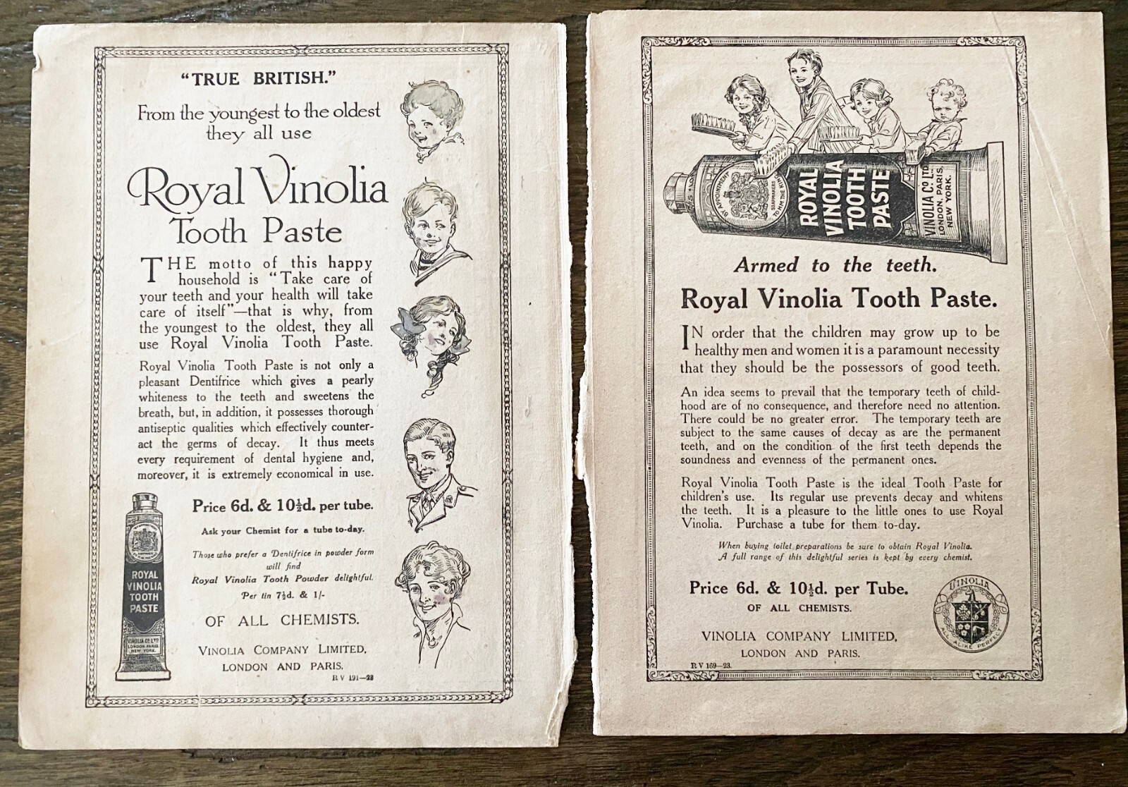 True British Kids Armed w/ ROYAL VINOLIA TOOTH PASTE Antique 1914&1915 Print Ads