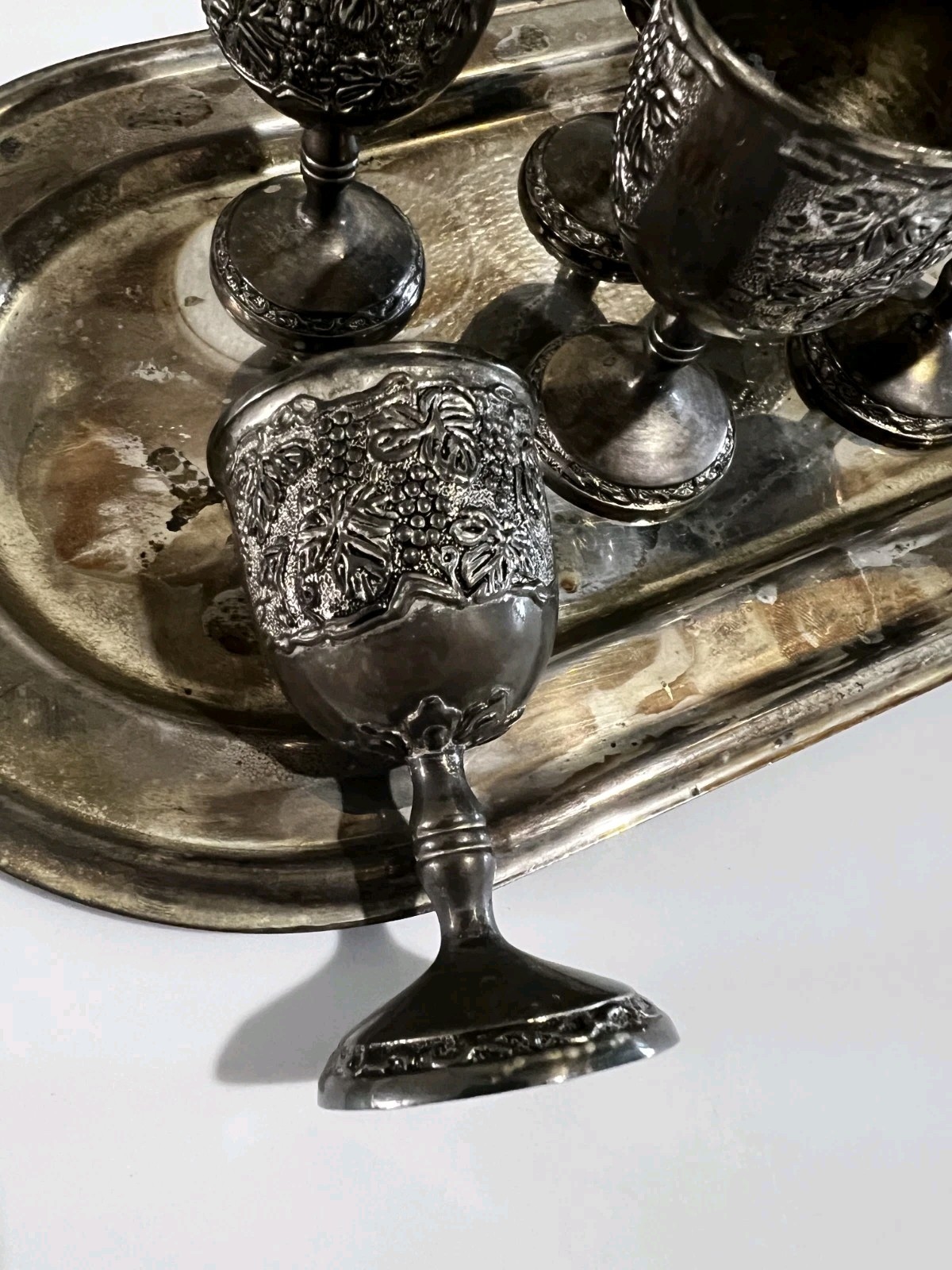 Russian Silverplate 6-Cup Goblet Set with Oval Serving Tray (Boxed) Post-1940