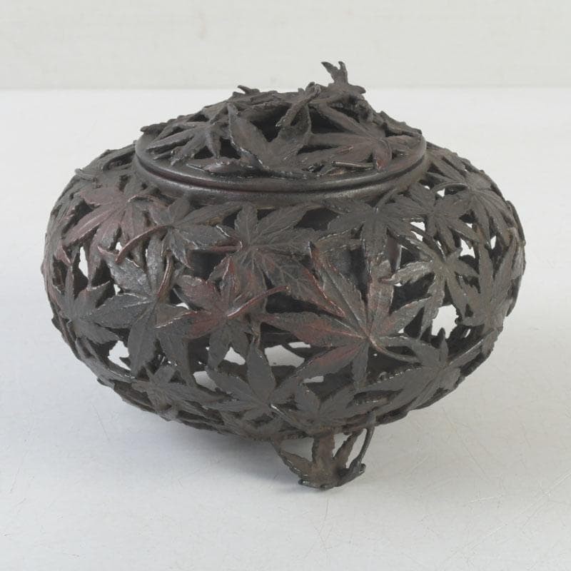 Autumn Leaves Bronze Incense Burner 4.7 inch Width Japanese Metalwork KORO