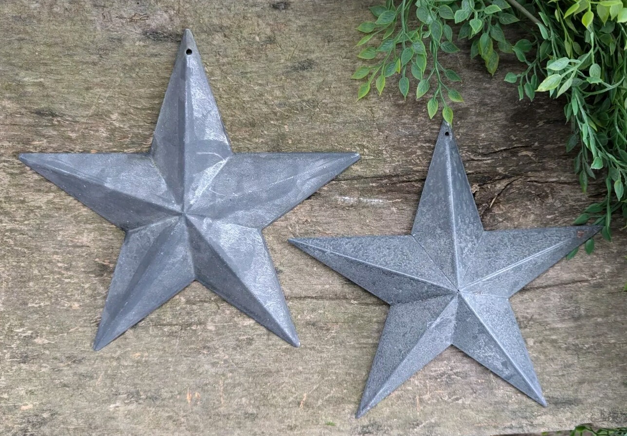 Set of 2 – 8″ GALVANIZED BARN STAR Aged Antique Style Metal Tin Primitive
