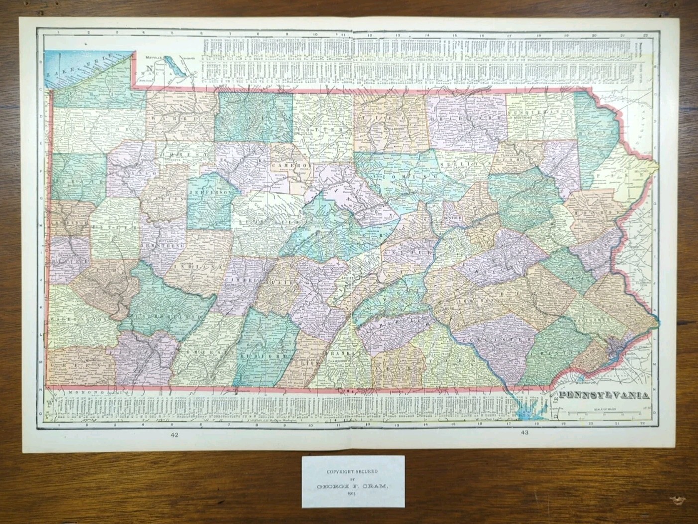 Vintage 1903 PENNSYLVANIA Map 14″x22″ Old Antique Original HARRISBURG ERIE MEDIA